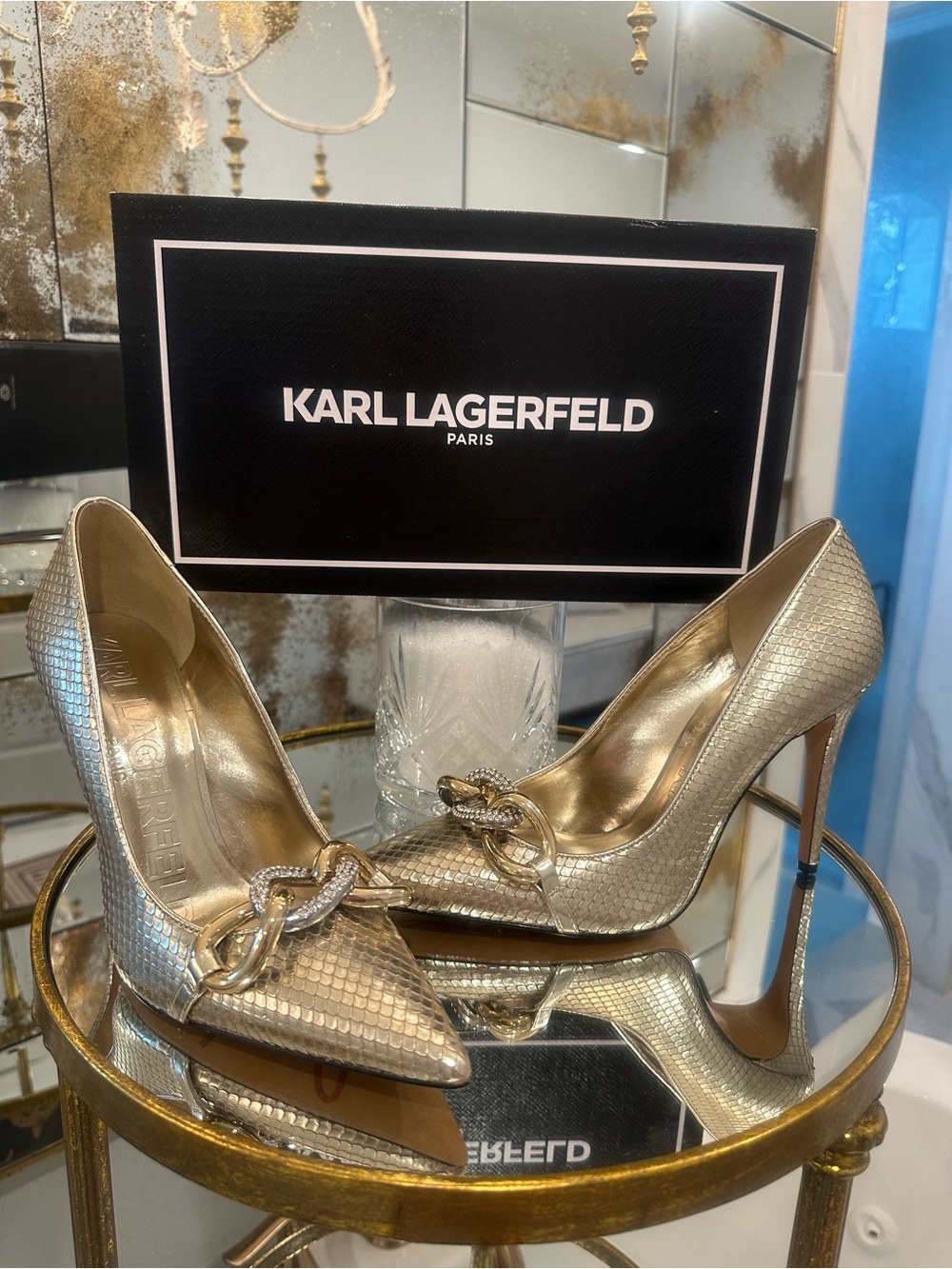 Karl Lagerfeld Gold Textured Pointed-Toe High Heel Pumps